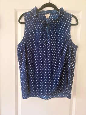 J. Crew Navy Blue Polka Dot Sleeveless Tie-Neck Blouse